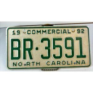 1992 North Carolina Commercial License Plate BR-3591 Green White NC Tag